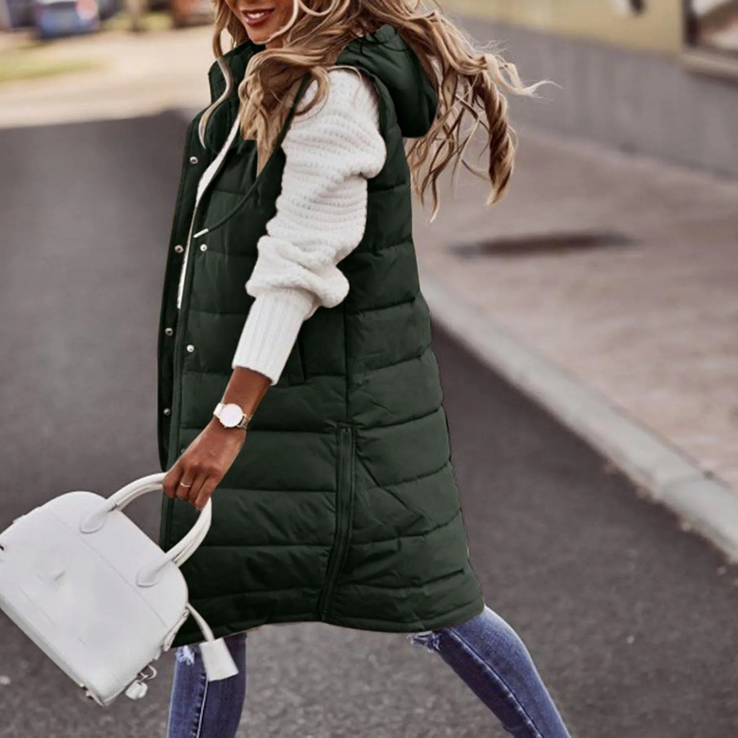 Kubbon Women's Long Puffer Vest Sleveless Zip Up Hooded Jacket Plus Size Thickened Warm Coats Outdoor Quilted Windbreakers