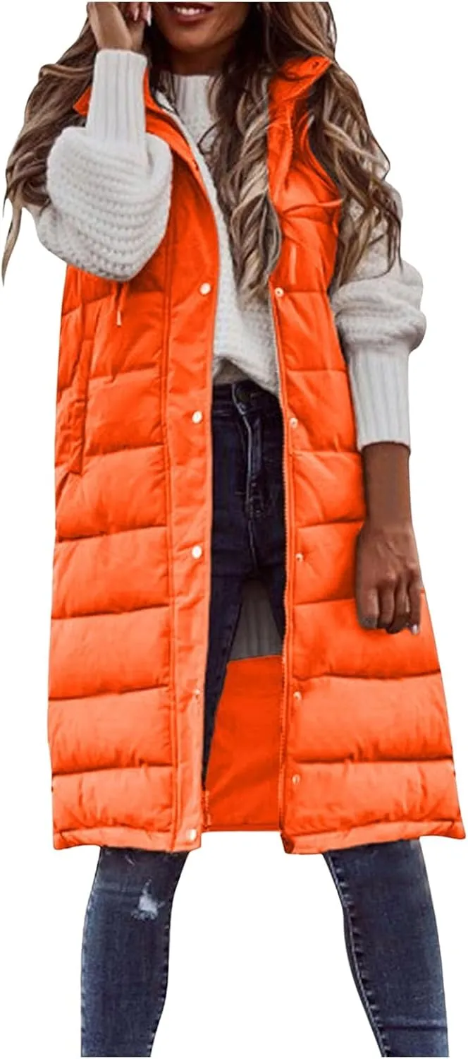 Kubbon Women's Long Puffer Vest Sleveless Zip Up Hooded Jacket Plus Size Thickened Warm Coats Outdoor Quilted Windbreakers