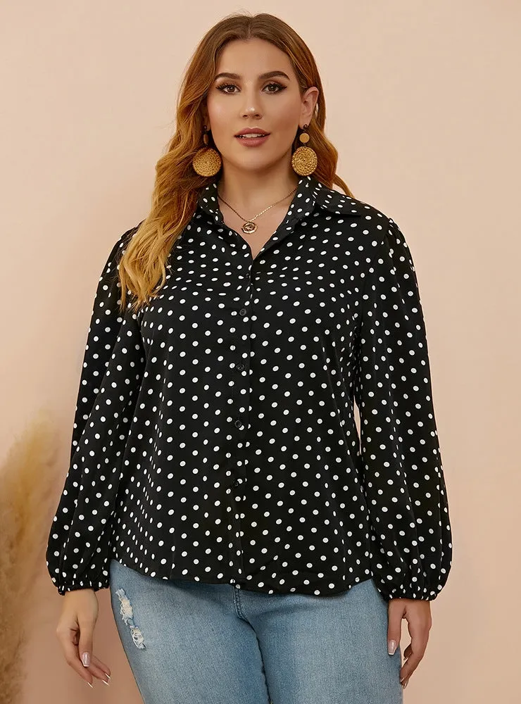 Large Size Loose Lantern Sleeve Polka Dot Shirt