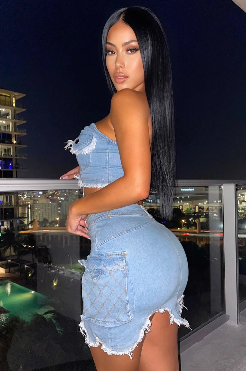 Light Denim Strapless Distressed Cargo Skirt Two Piece Set