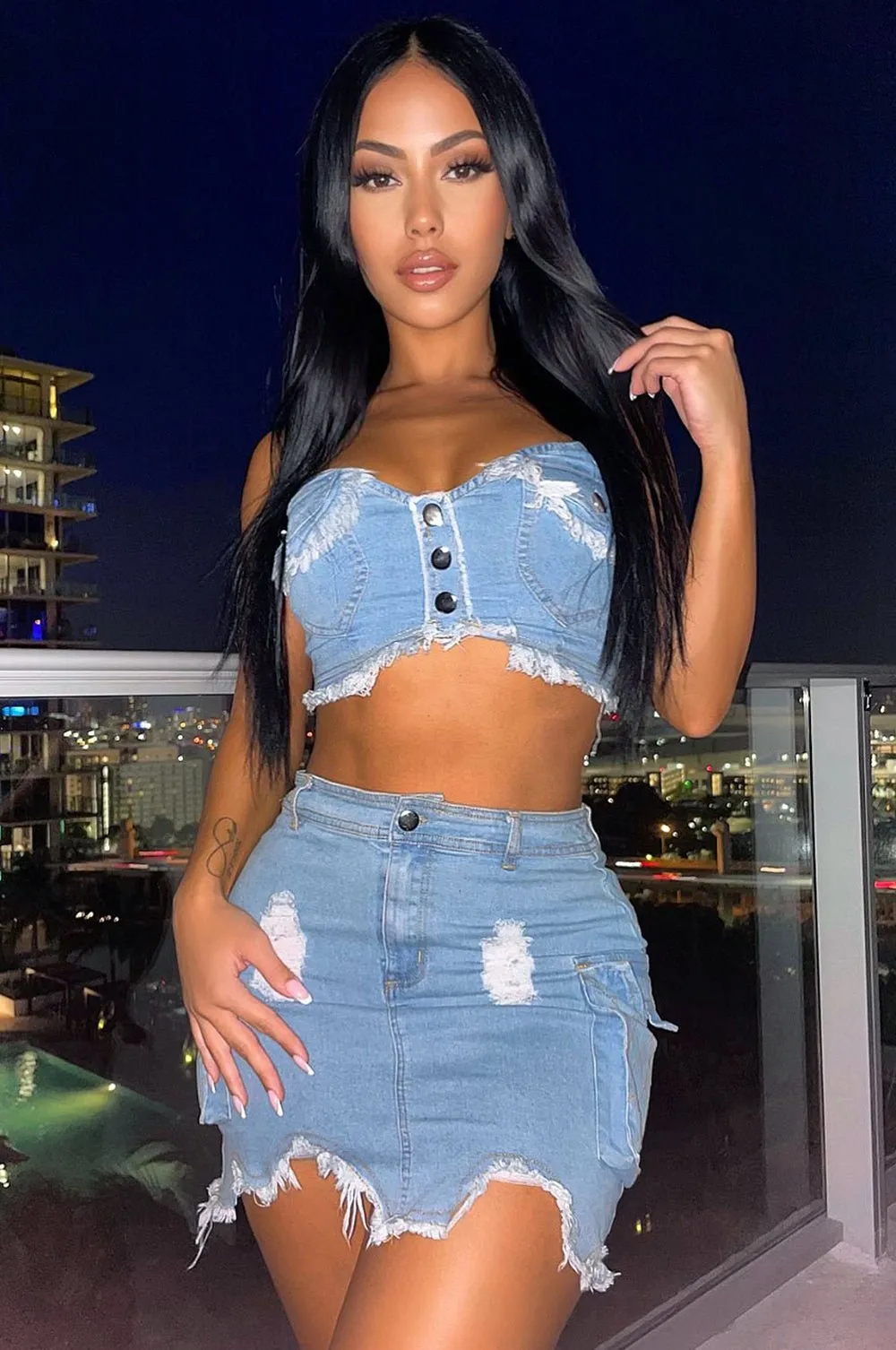 Light Denim Strapless Distressed Cargo Skirt Two Piece Set