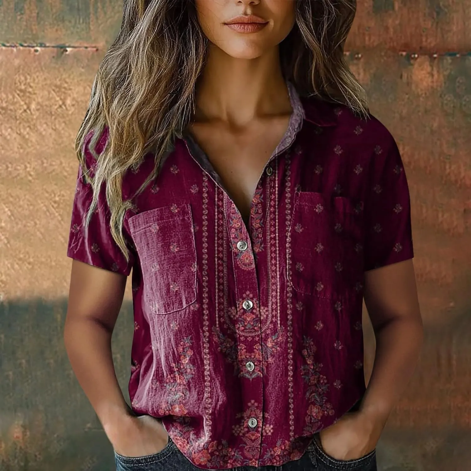 Linen Boho Tops for Women Boho Tops for Women 2025 Hippie Summer Short Sleeve Button Up Blouses Short Sleeve Shirts