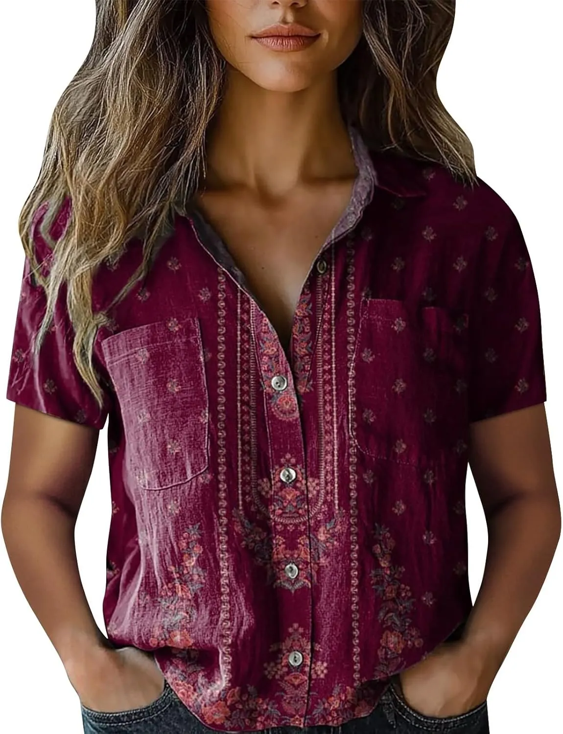 Linen Boho Tops for Women Boho Tops for Women 2025 Hippie Summer Short Sleeve Button Up Blouses Short Sleeve Shirts