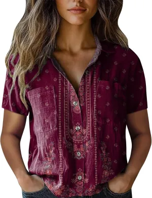 Linen Boho Tops for Women Boho Tops for Women 2025 Hippie Summer Short Sleeve Button Up Blouses Short Sleeve Shirts