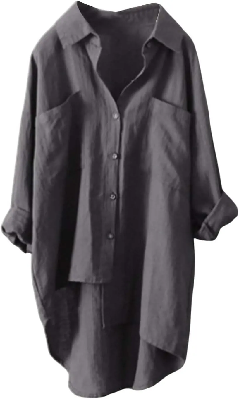 Linen Button Up Shirts for Women Linen Shirt Women V Neck Casual Long Sleeve Loose Tops Top Button Down for
