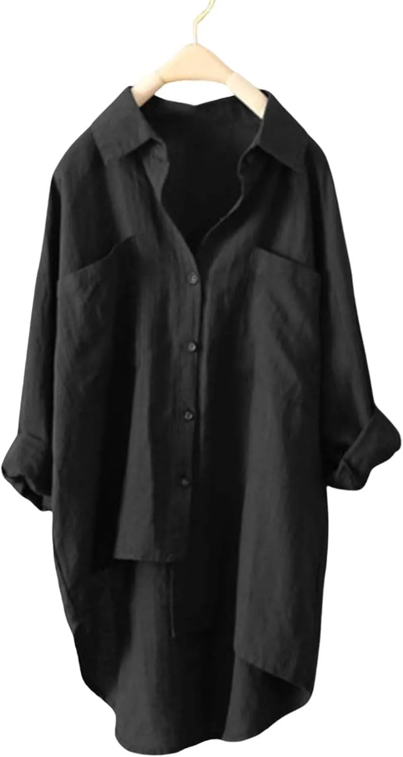 Linen Button Up Shirts for Women Linen Shirt Women V Neck Casual Long Sleeve Loose Tops Top Button Down for