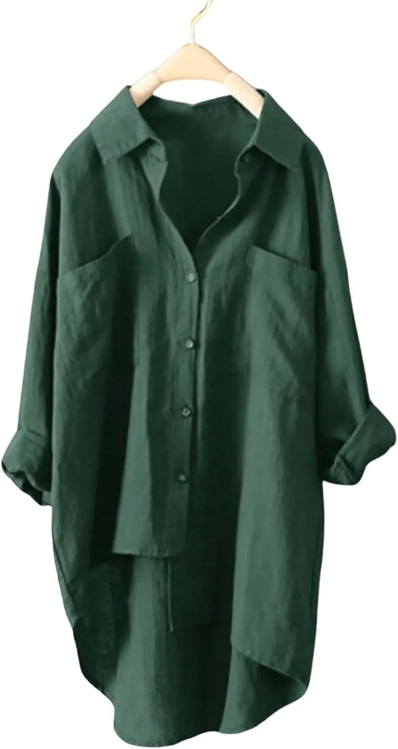 Linen Button Up Shirts for Women Linen Shirt Women V Neck Casual Long Sleeve Loose Tops Top Button Down for