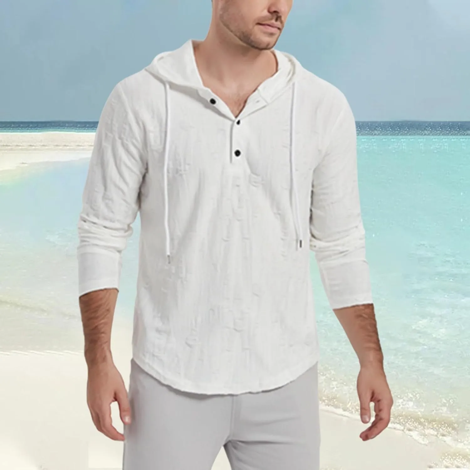 Linen Hoodies for Men Summer Lightweight Breathable Dry Fit Beach Tops Casual Long Sleeve Slim Fit Solid Sweatshirts
