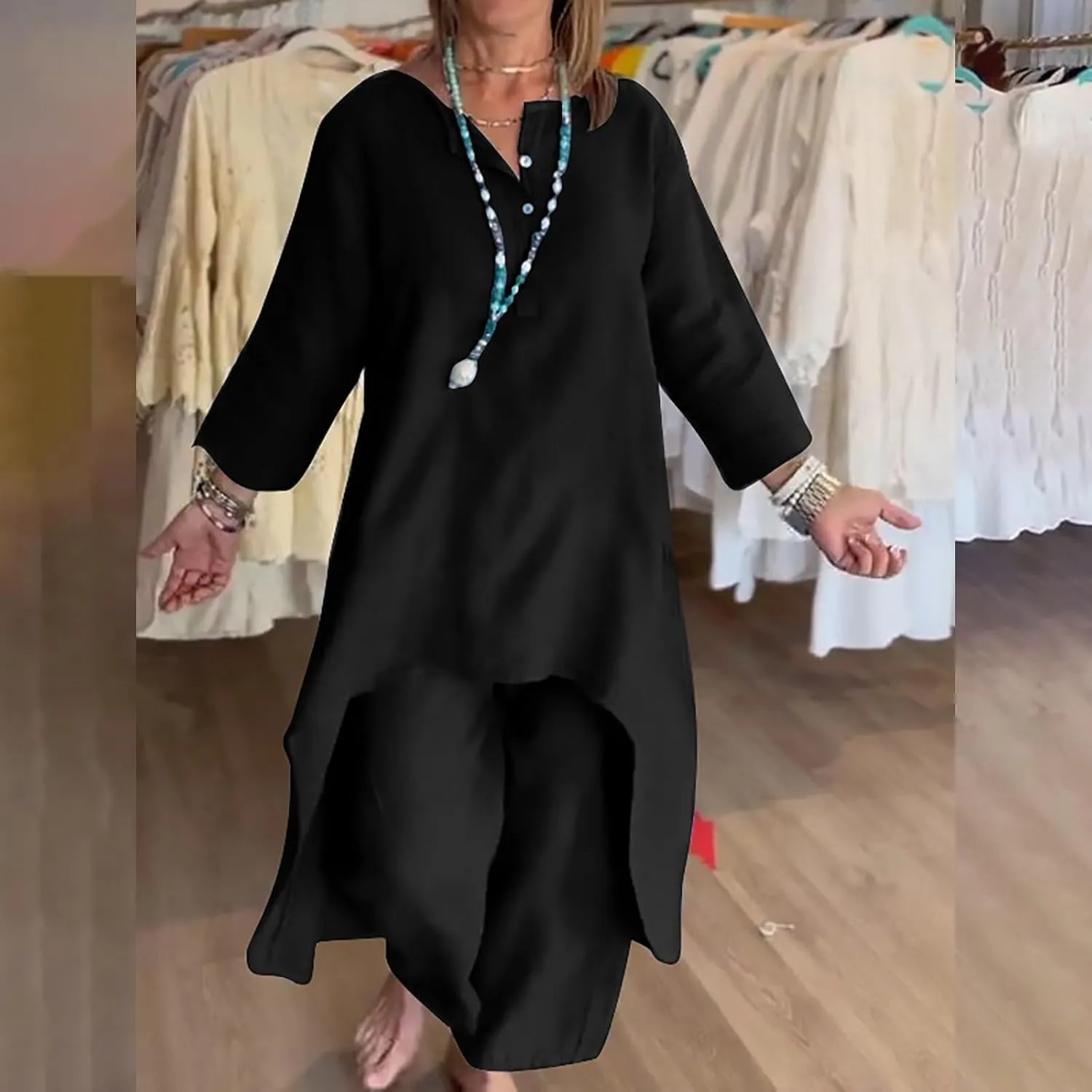 Linen Sets for Women 2 Piece Summer Casual Short Sleeve Pullover Tops and Wide Leg Pants Linen Lounge Sets 2025