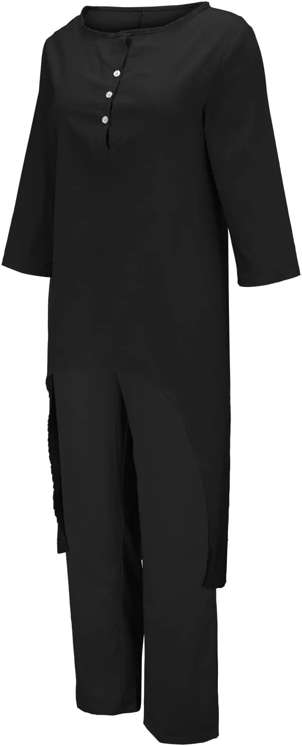 Linen Sets for Women 2 Piece Summer Casual Short Sleeve Pullover Tops and Wide Leg Pants Linen Lounge Sets 2025
