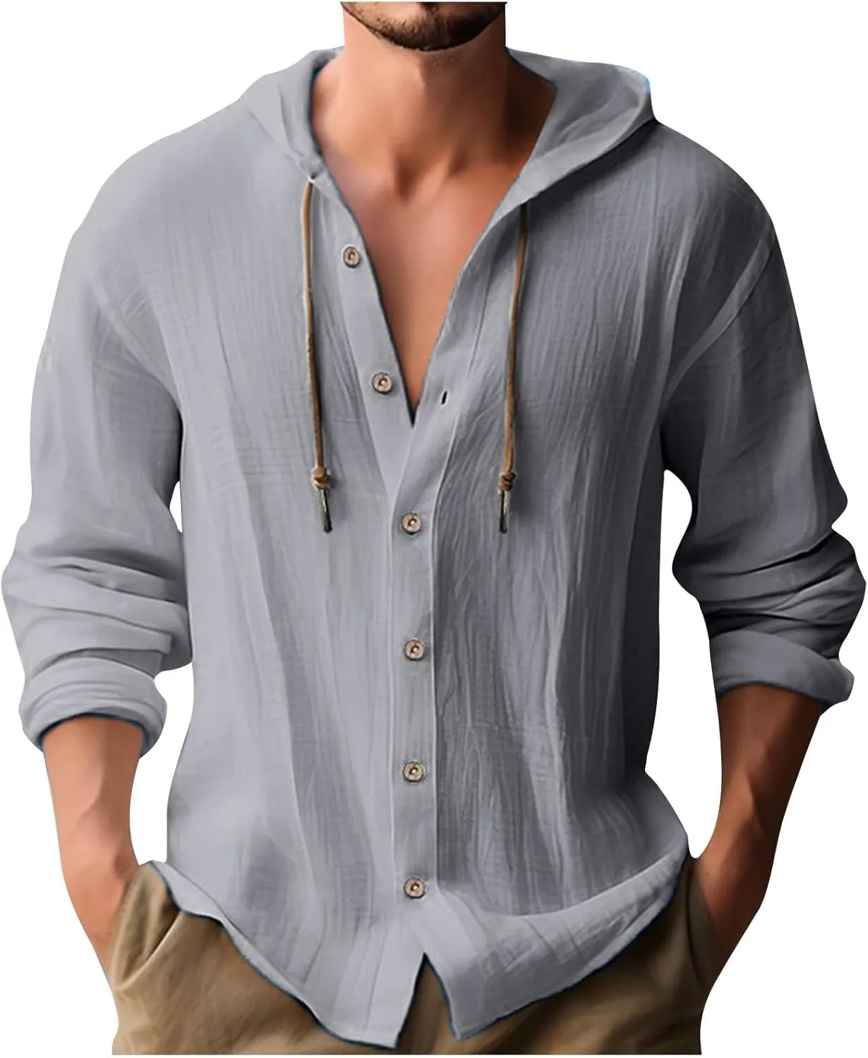 Linen Shirts for Men Casual Button Shirts Summer Cotton Linen Drawstring Hoodie Beach Long Sleeve Shirts Top with Hood