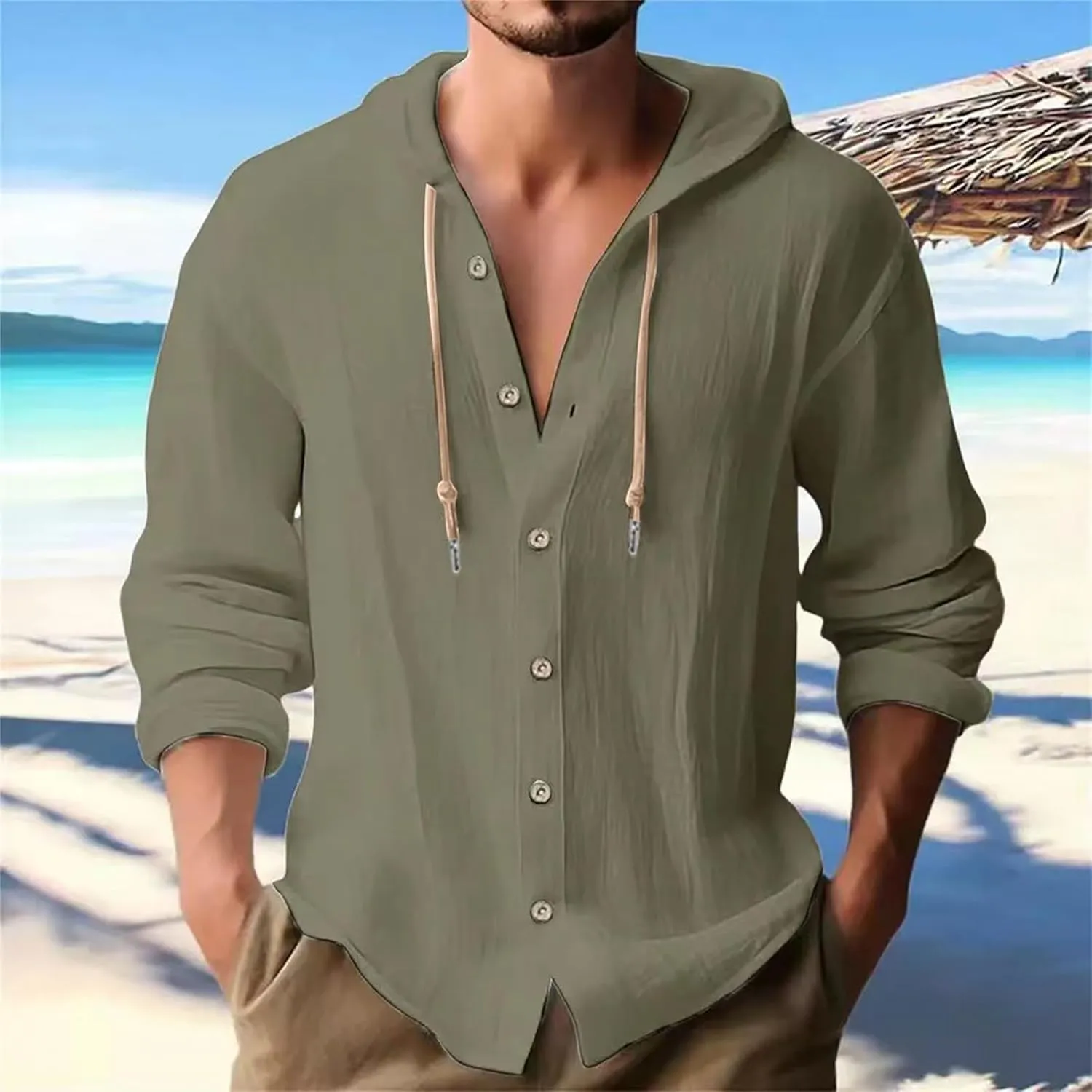 Linen Shirts for Men Casual Button Shirts Summer Cotton Linen Drawstring Hoodie Beach Long Sleeve Shirts Top with Hood