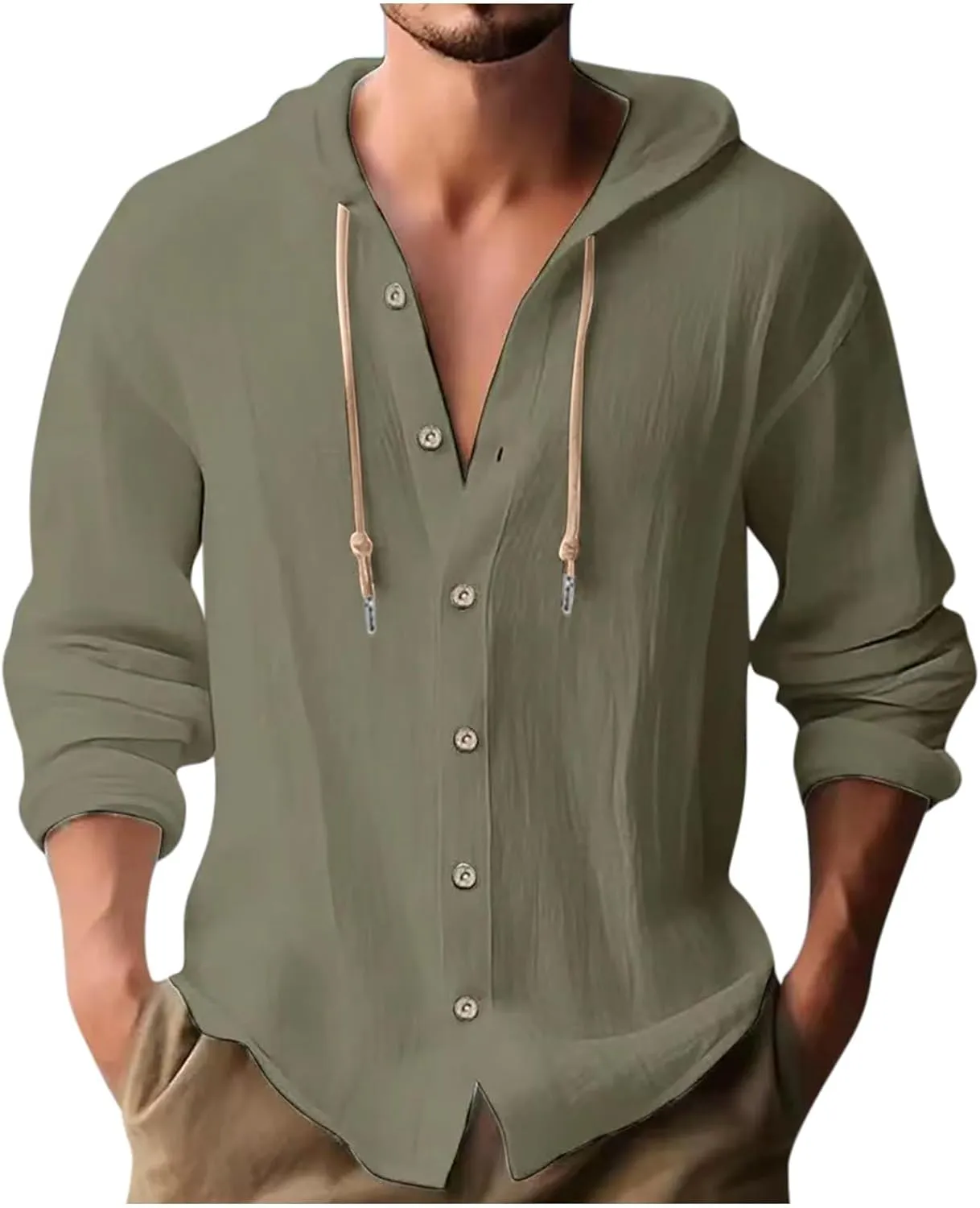 Linen Shirts for Men Casual Button Shirts Summer Cotton Linen Drawstring Hoodie Beach Long Sleeve Shirts Top with Hood