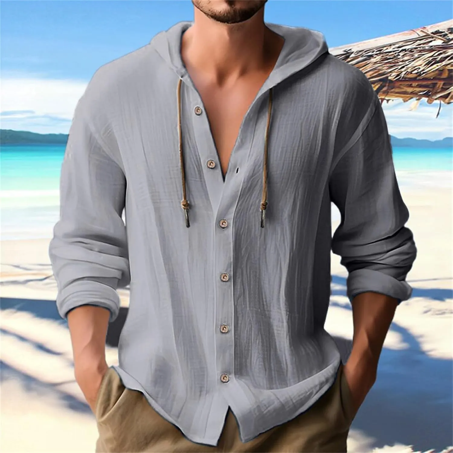 Linen Shirts for Men Casual Button Shirts Summer Cotton Linen Drawstring Hoodie Beach Long Sleeve Shirts Top with Hood