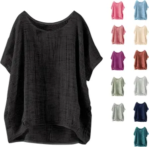 Linen Shirts for Women Plus Size Crewneck Short Sleeve Tops 2025 Loose Comfy Beach Blouses Trendy Vintage Tops