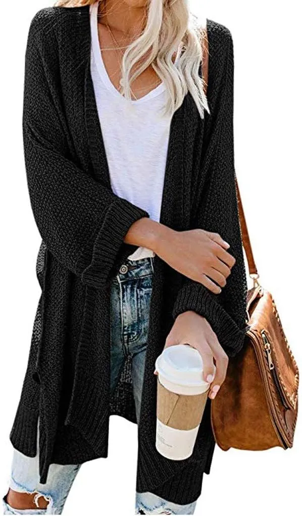Long Chunky Knitted Cardigan for Women Balloon Sleeve Open Front Cardigans Lightweight Casual Trendy Wrap Knitwear