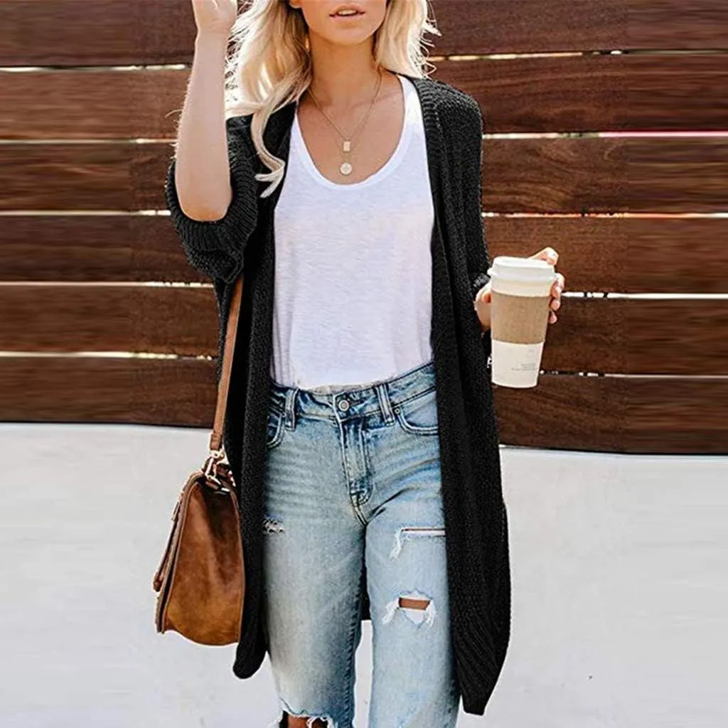 Long Chunky Knitted Cardigan for Women Balloon Sleeve Open Front Cardigans Lightweight Casual Trendy Wrap Knitwear