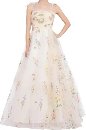 Long Floral Embroidery Dress for Women Flower Embroidered Maxi Dress Spaghetti Straps Wedding Formal Party Tulle Prom Dress
