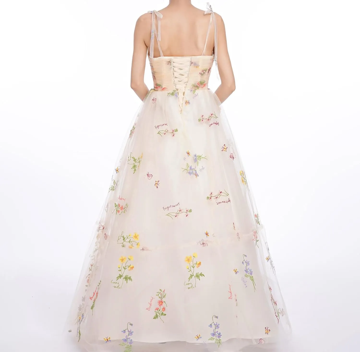 Long Floral Embroidery Dress for Women Flower Embroidered Maxi Dress Spaghetti Straps Wedding Formal Party Tulle Prom Dress