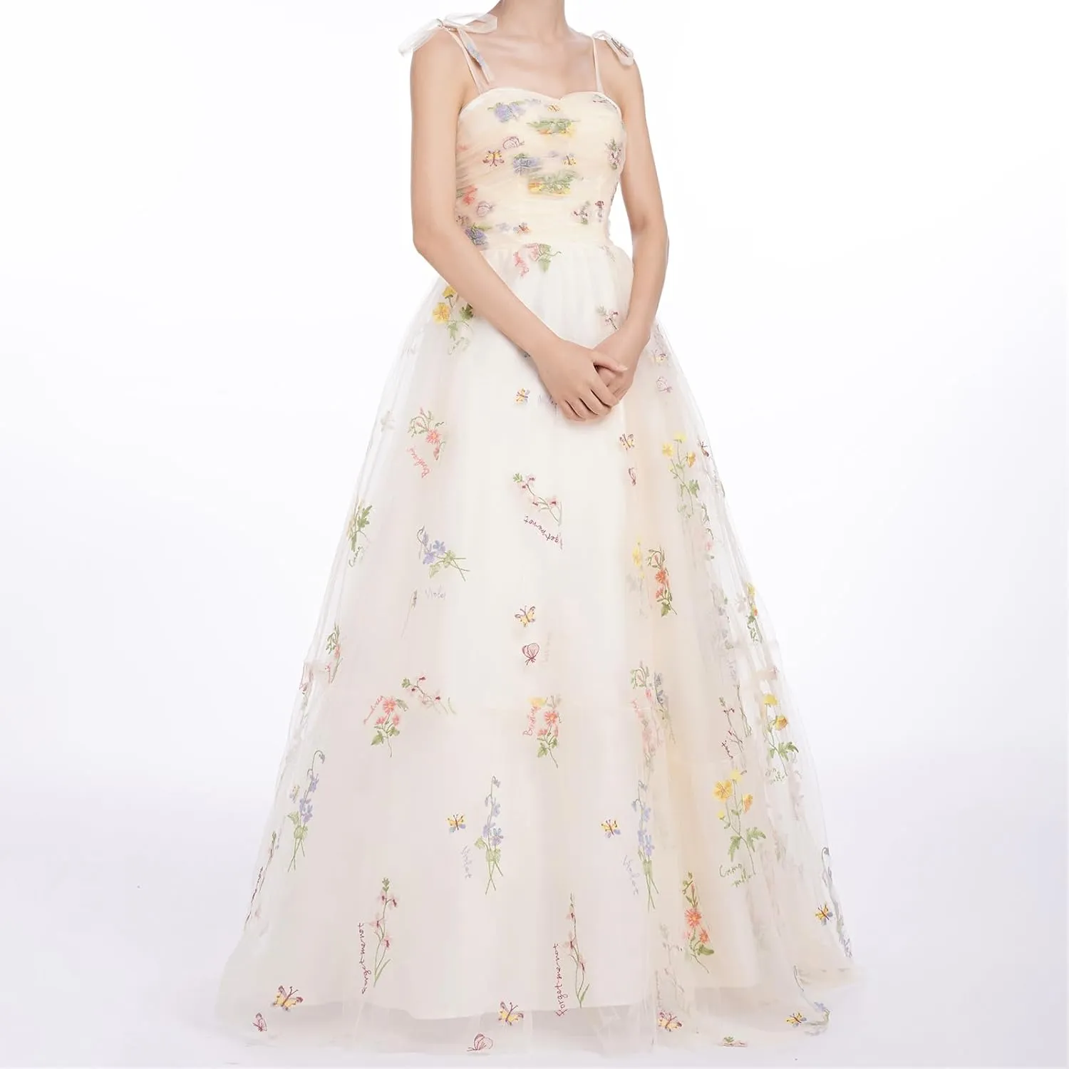 Long Floral Embroidery Dress for Women Flower Embroidered Maxi Dress Spaghetti Straps Wedding Formal Party Tulle Prom Dress