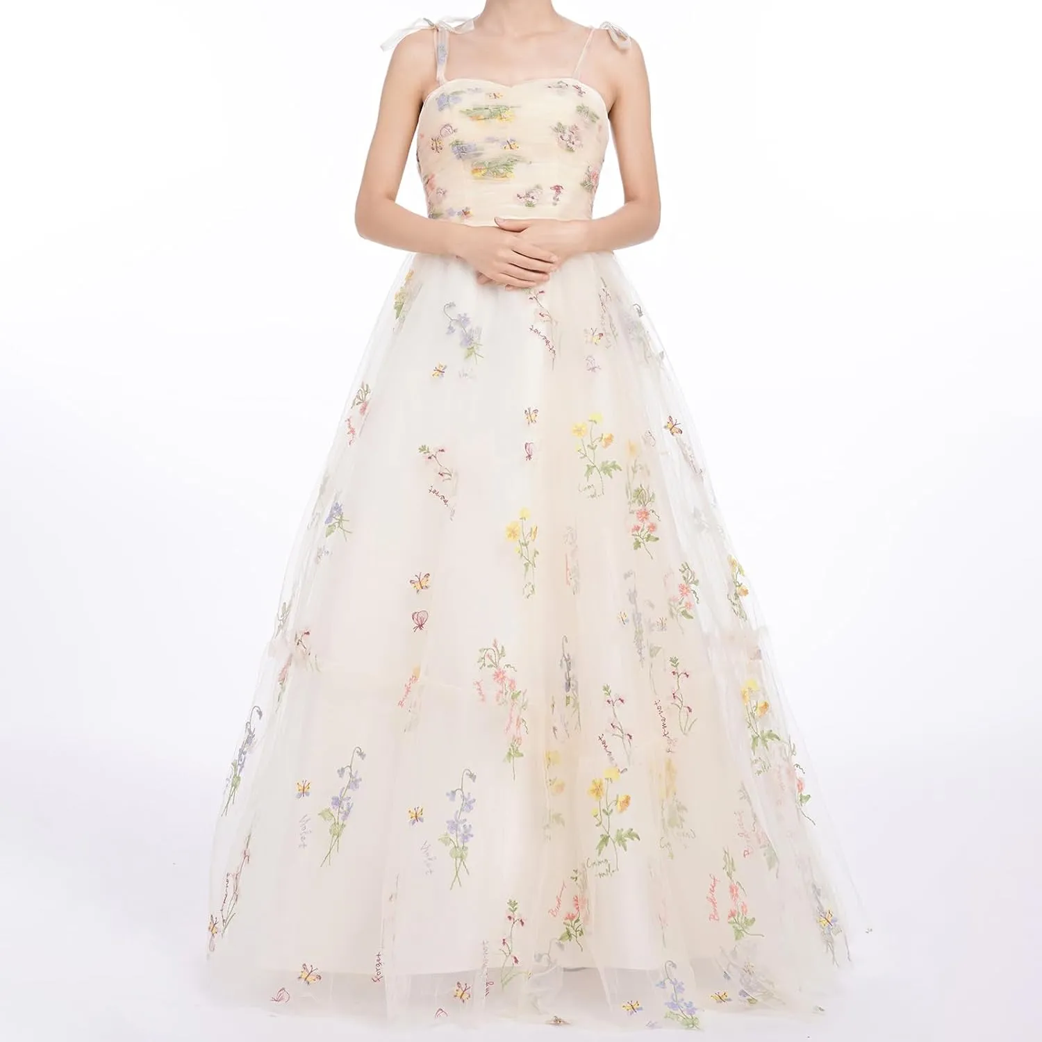 Long Floral Embroidery Dress for Women Flower Embroidered Maxi Dress Spaghetti Straps Wedding Formal Party Tulle Prom Dress