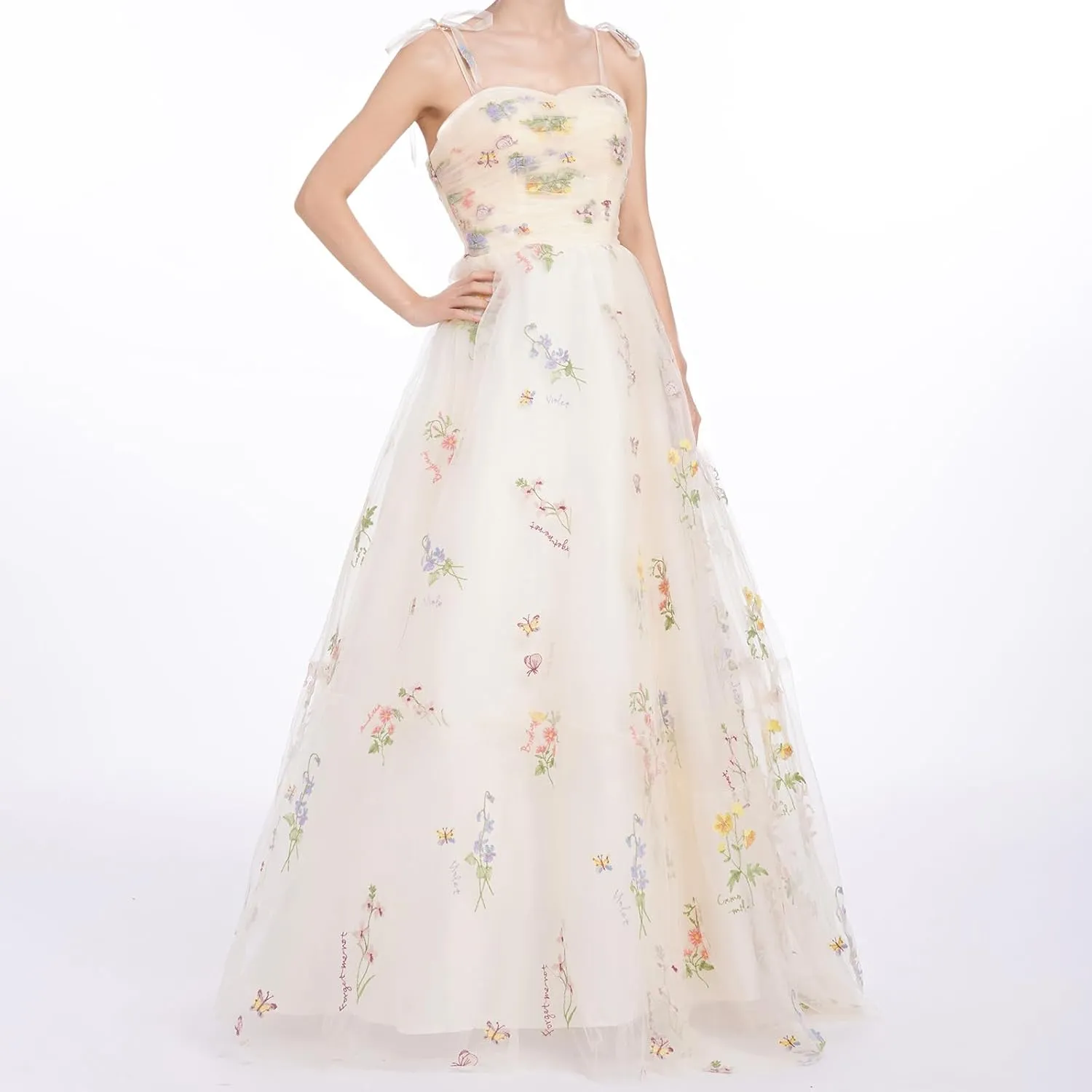 Long Floral Embroidery Dress for Women Flower Embroidered Maxi Dress Spaghetti Straps Wedding Formal Party Tulle Prom Dress