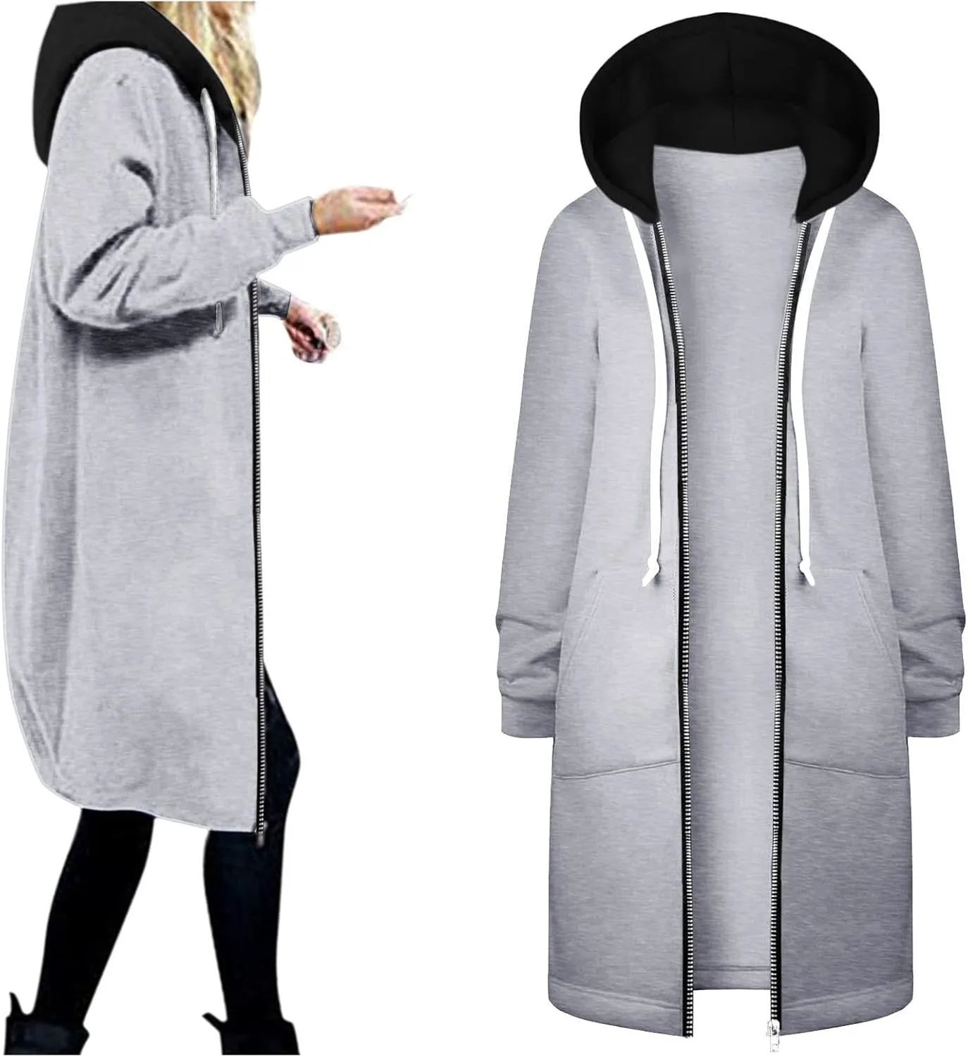 Long Hoodie for Women 2024 Casual Zip Up Drawstring Fleece Sweatshirt Oversized Jackets Coat Lightweight Fall Clothes