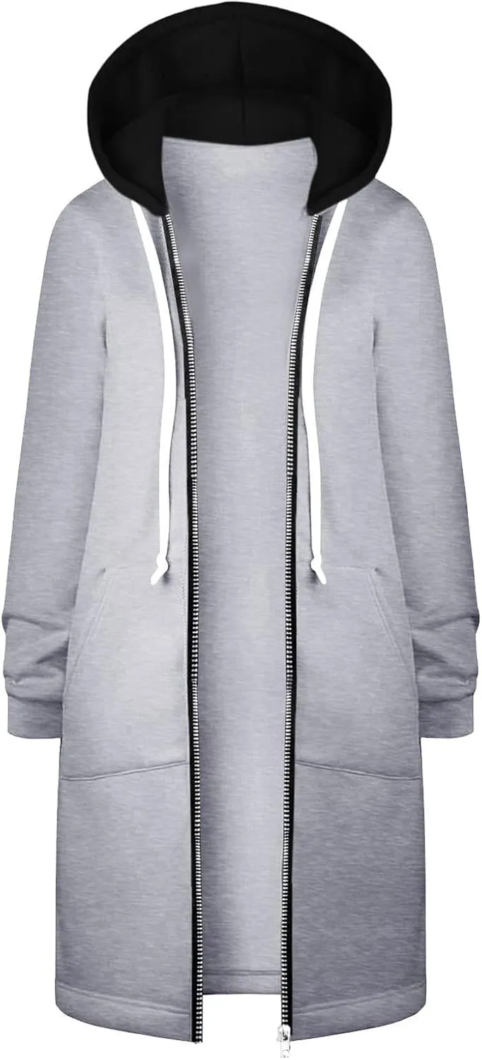 Long Hoodie for Women 2024 Casual Zip Up Drawstring Fleece Sweatshirt Oversized Jackets Coat Lightweight Fall Clothes