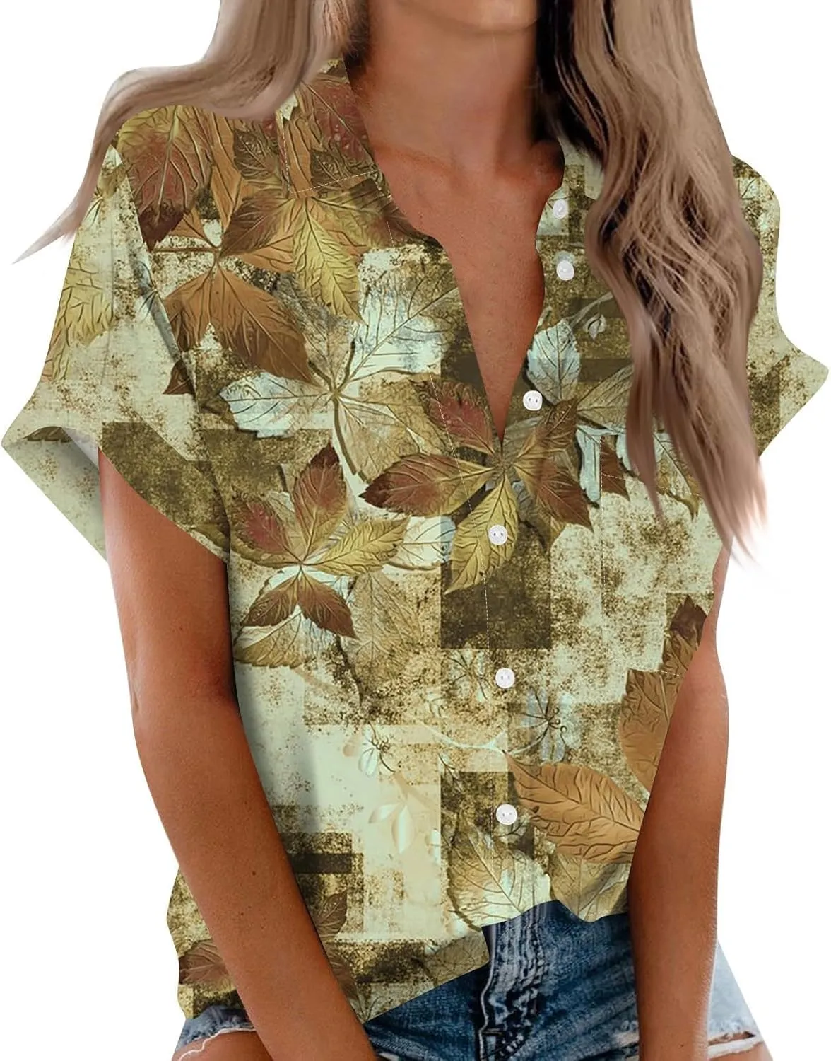 Loose Fit Women Cotton Womens Short Sleeve Shirts V Neck Collared Down Blouse Cotton Linen Buttoon Down Shirt for Women