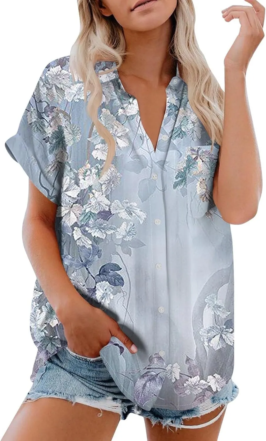 Loose Fit Women Cotton Womens Short Sleeve Shirts V Neck Collared Down Blouse Cotton Linen Buttoon Down Shirt for Women