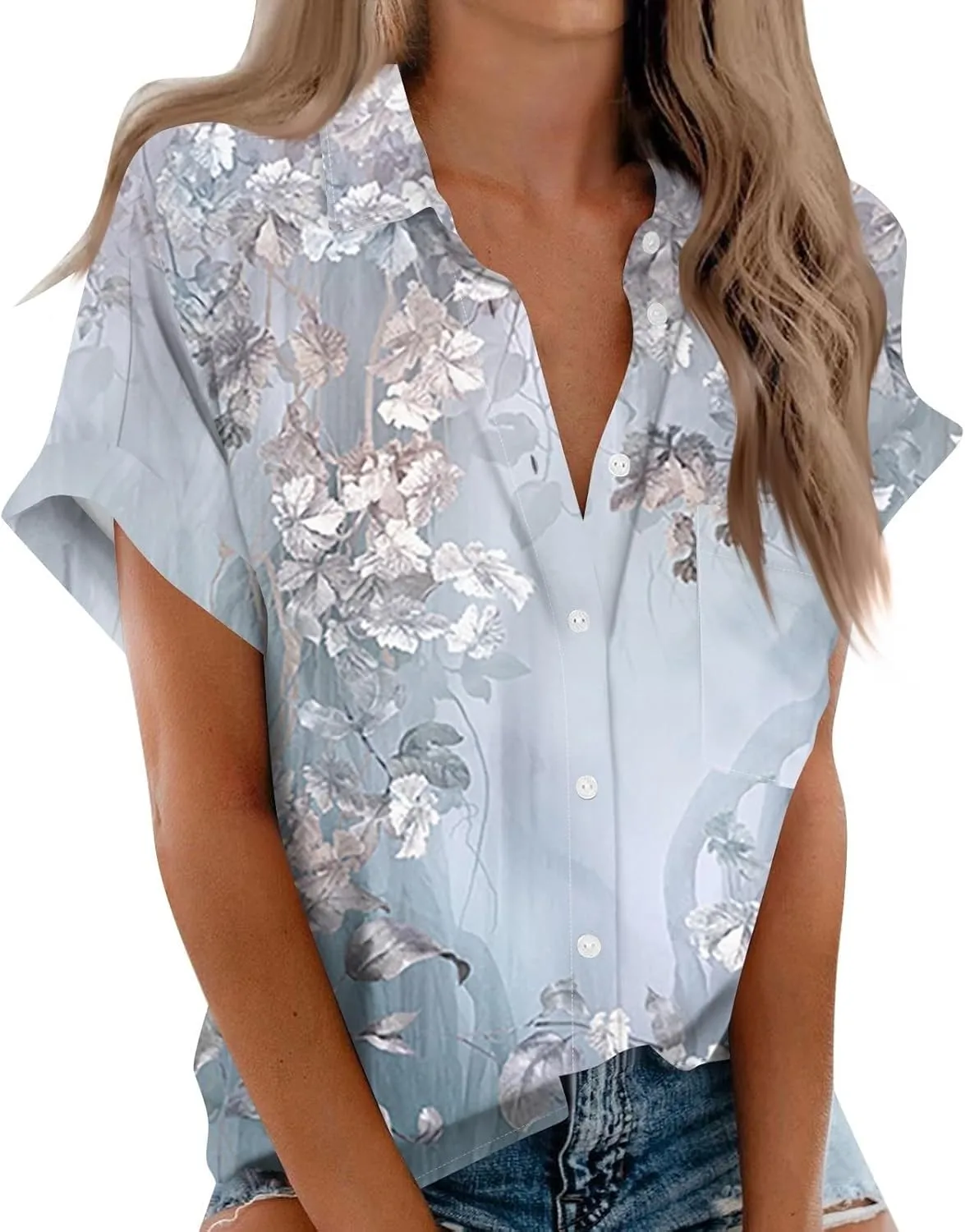 Loose Fit Women Cotton Womens Short Sleeve Shirts V Neck Collared Down Blouse Cotton Linen Buttoon Down Shirt for Women