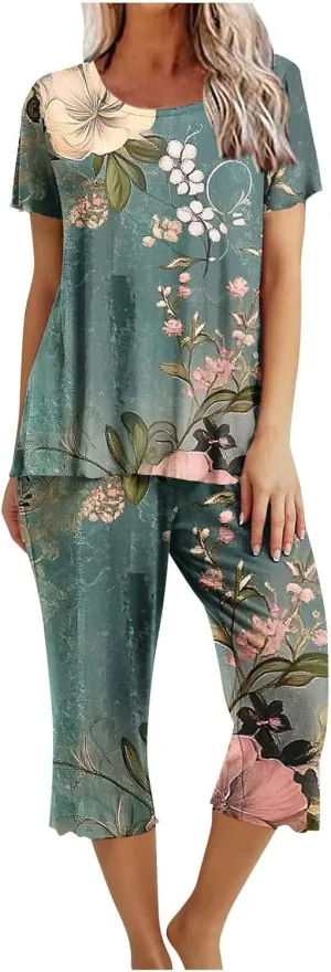 Lounge Sets for Women Beach Graphic Print Outfit Short Sleeve Crewneck Tops and Crop Pants Summer Suits Loungewear