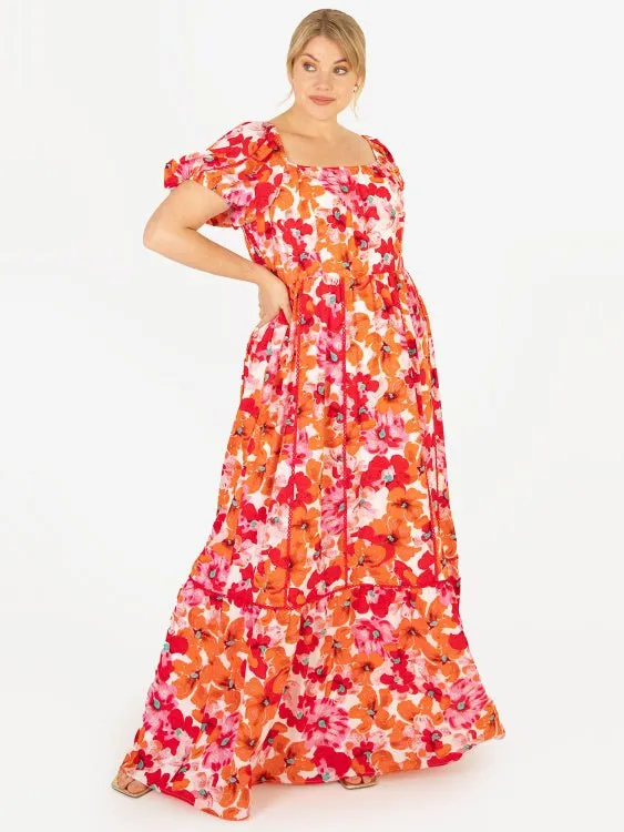 Lovedrobe Luxe Plus Size Square Neck Red & Orange Floral Lace Maxi Dress