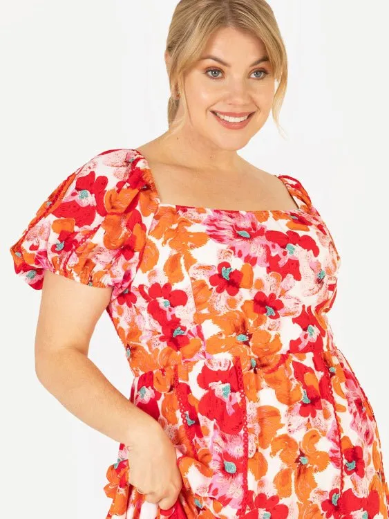 Lovedrobe Luxe Plus Size Square Neck Red & Orange Floral Lace Maxi Dress