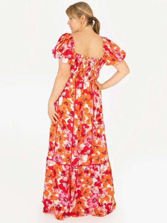 Lovedrobe Luxe Plus Size Square Neck Red & Orange Floral Lace Maxi Dress