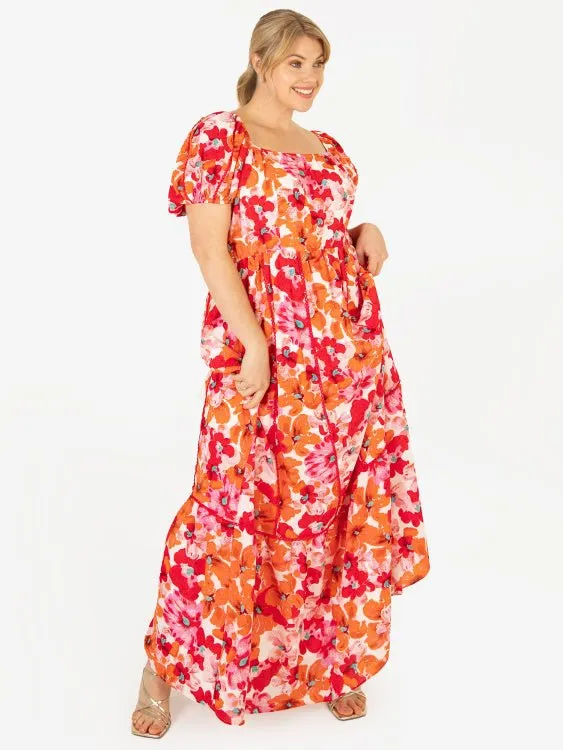 Lovedrobe Luxe Plus Size Square Neck Red & Orange Floral Lace Maxi Dress