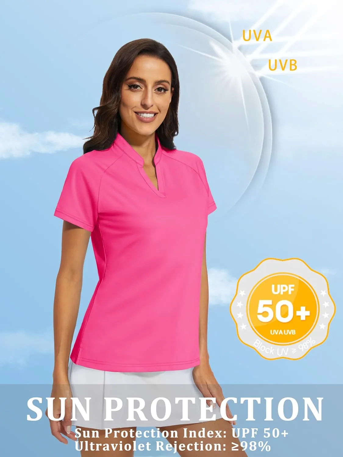 MAGCOMSEN Women's Golf Polo Shirts UPF 50  V Neck Collarless Short Sleeve Shirts Quick Dry Tennis T-Shirts