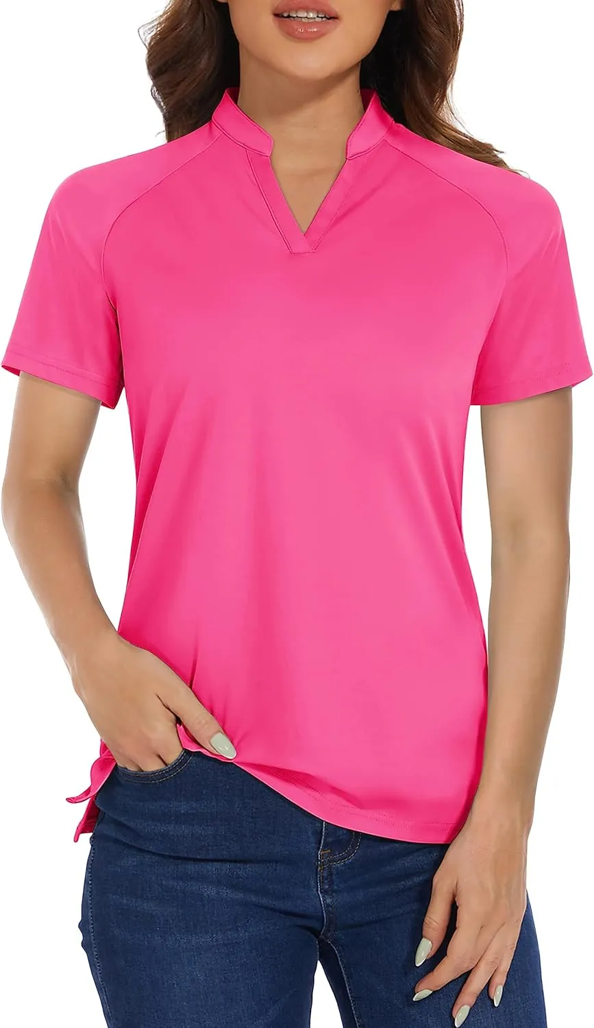 MAGCOMSEN Women's Golf Polo Shirts UPF 50  V Neck Collarless Short Sleeve Shirts Quick Dry Tennis T-Shirts