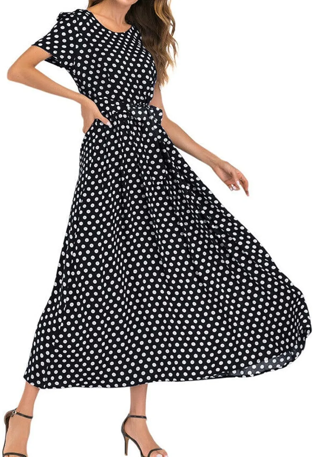 Maxi Dress for Women Sexy Tank Sundress Boho Polkadot Print Summer Sleeveless O-Neck Party Long Dress Beach Sundress