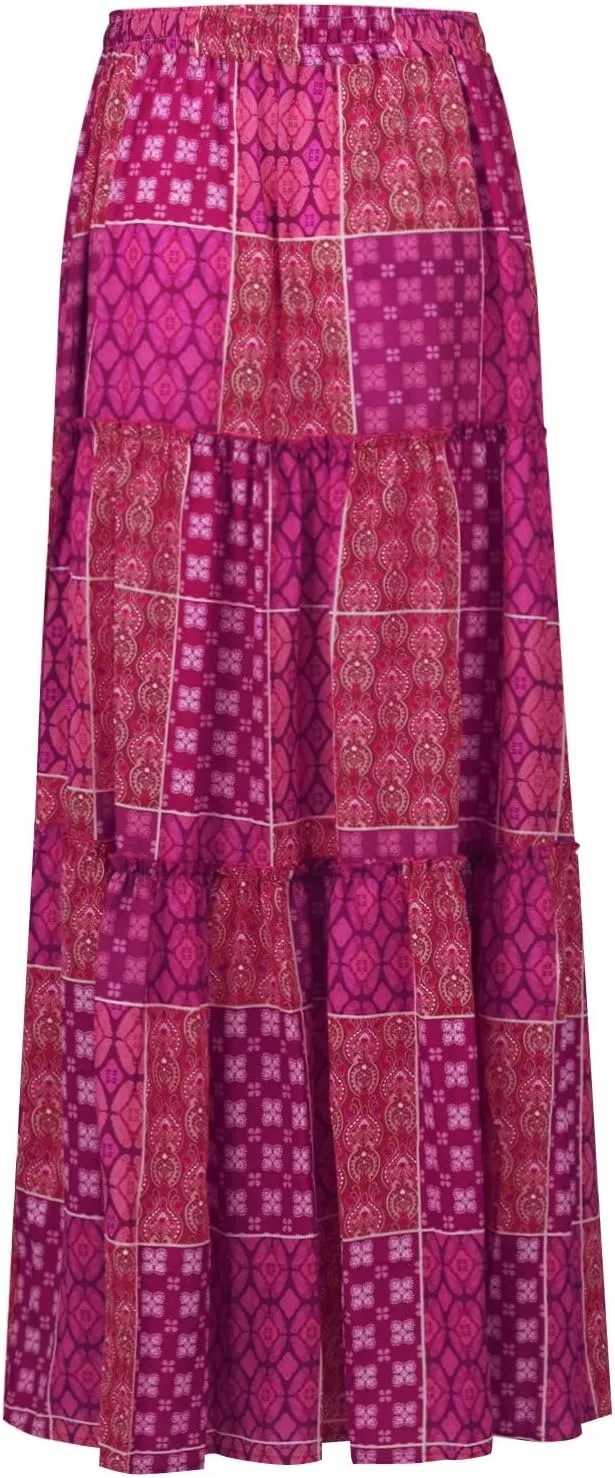 Maxi Skirts for Women Beach Boho Skirts Ruffle Tiered Flowy Swing High Waisted Summer Floral Skort with Pockets