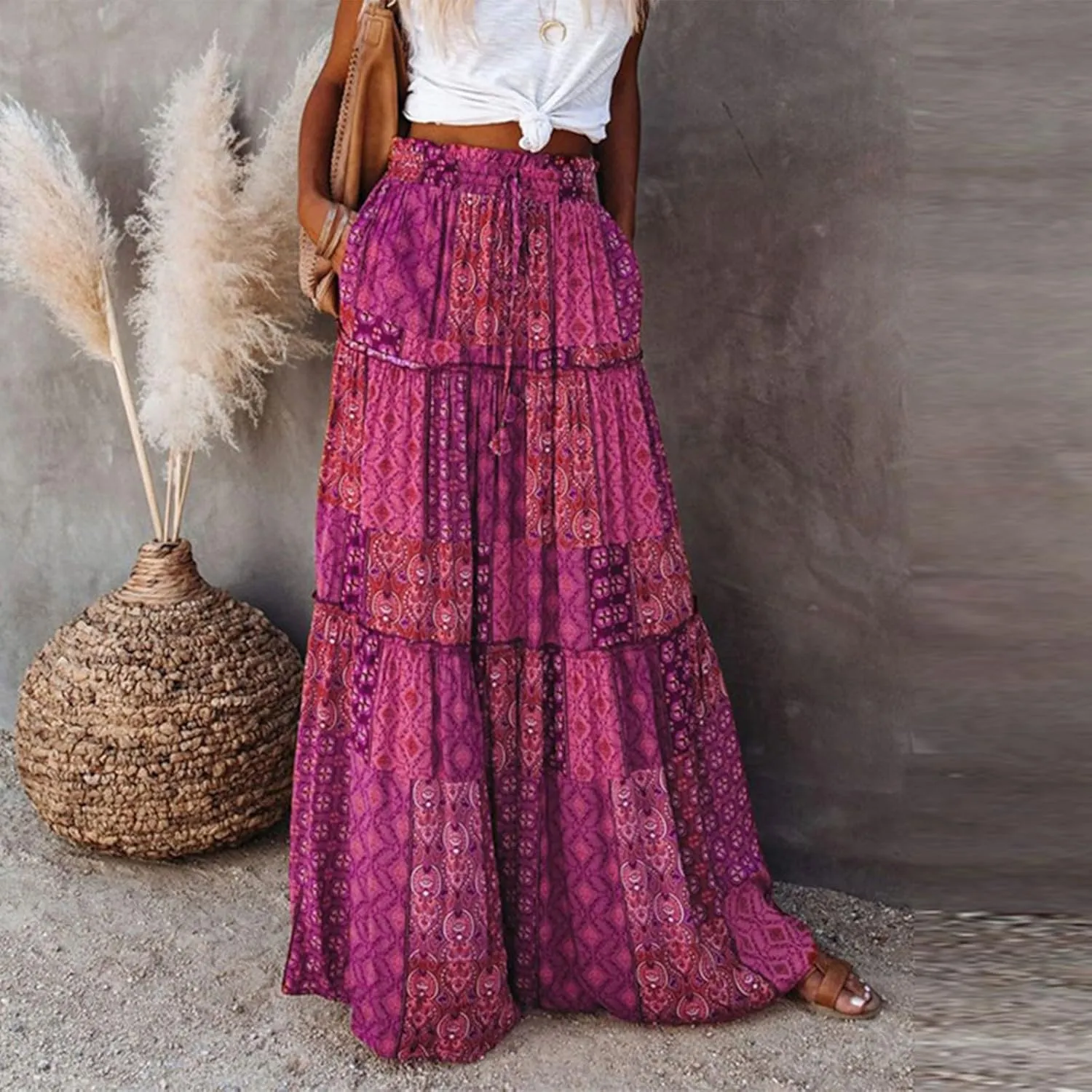 Maxi Skirts for Women Beach Boho Skirts Ruffle Tiered Flowy Swing High Waisted Summer Floral Skort with Pockets
