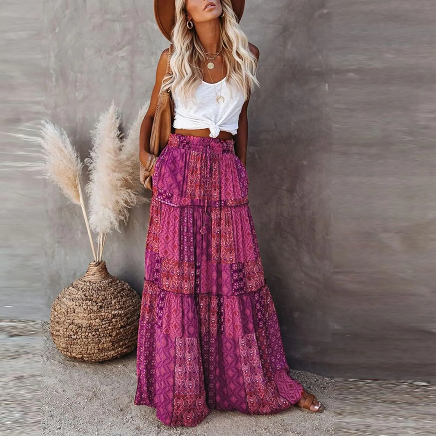 Maxi Skirts for Women Beach Boho Skirts Ruffle Tiered Flowy Swing High Waisted Summer Floral Skort with Pockets