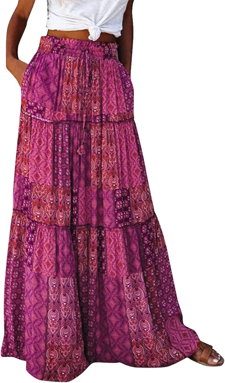 Maxi Skirts for Women Beach Boho Skirts Ruffle Tiered Flowy Swing High Waisted Summer Floral Skort with Pockets