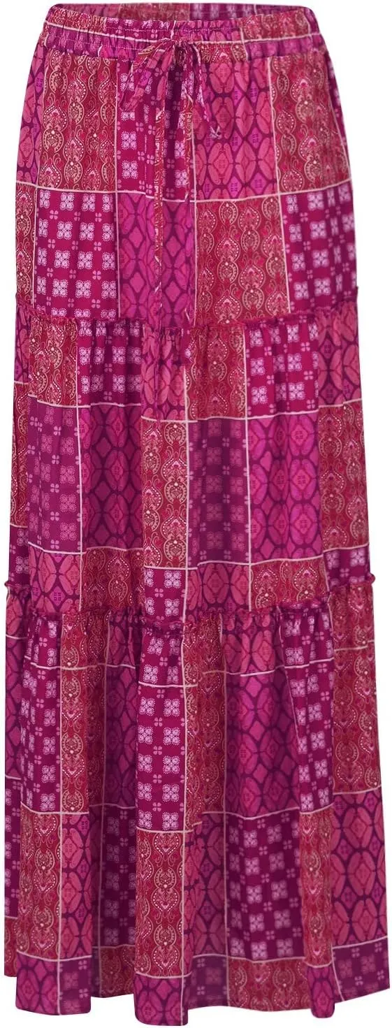 Maxi Skirts for Women Beach Boho Skirts Ruffle Tiered Flowy Swing High Waisted Summer Floral Skort with Pockets
