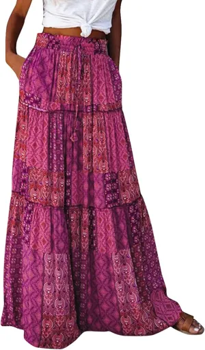 Maxi Skirts for Women Beach Boho Skirts Ruffle Tiered Flowy Swing High Waisted Summer Floral Skort with Pockets