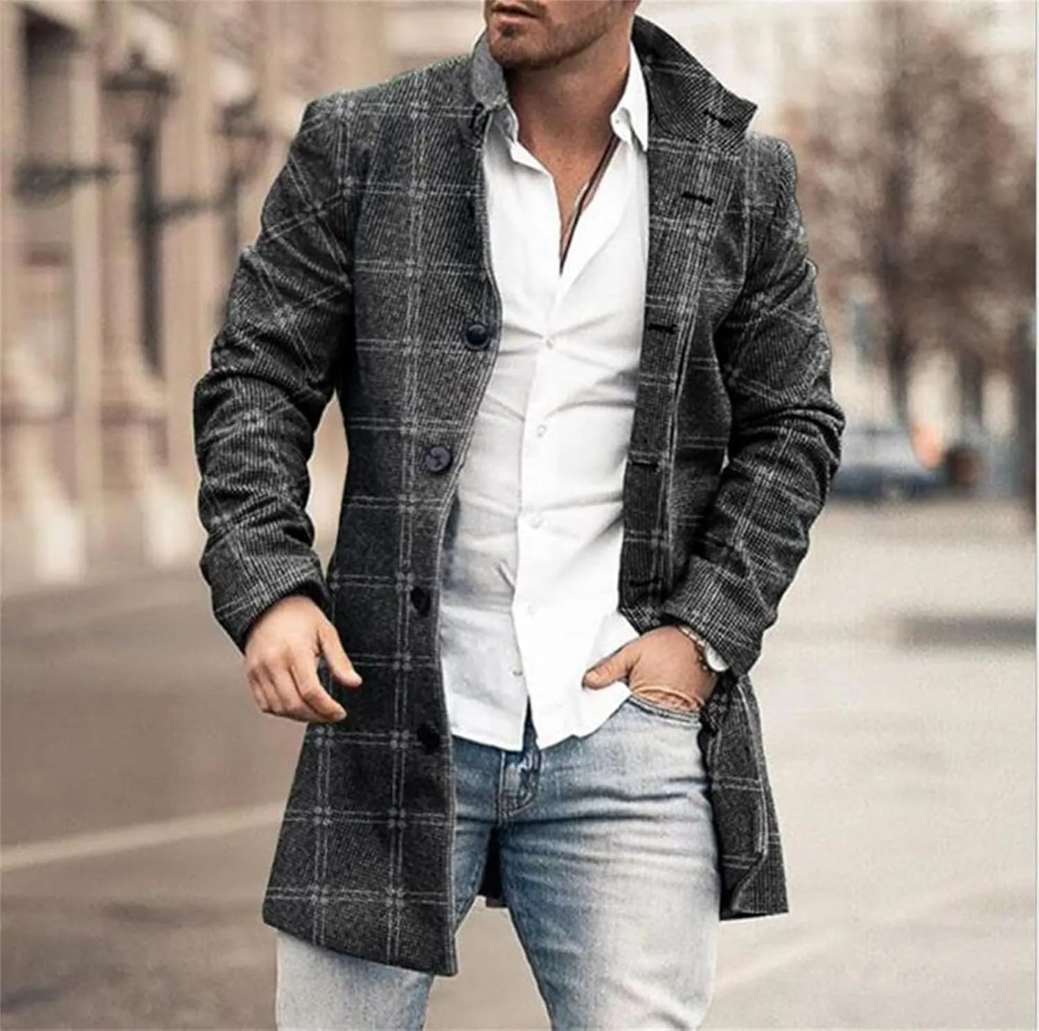 Men Trench Coat Single Breasted Mid-Long Wool Blend Pea Coat Stand Collar Business Blazer Jacket Outerwear Overcoat