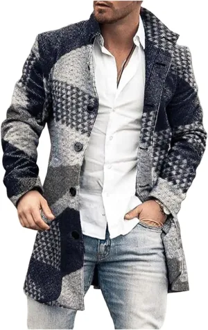 Men Trench Coat Single Breasted Mid-Long Wool Blend Pea Coat Stand Collar Business Blazer Jacket Outerwear Overcoat