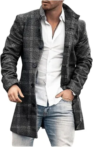 Men Trench Coat Single Breasted Mid-Long Wool Blend Pea Coat Stand Collar Business Blazer Jacket Outerwear Overcoat