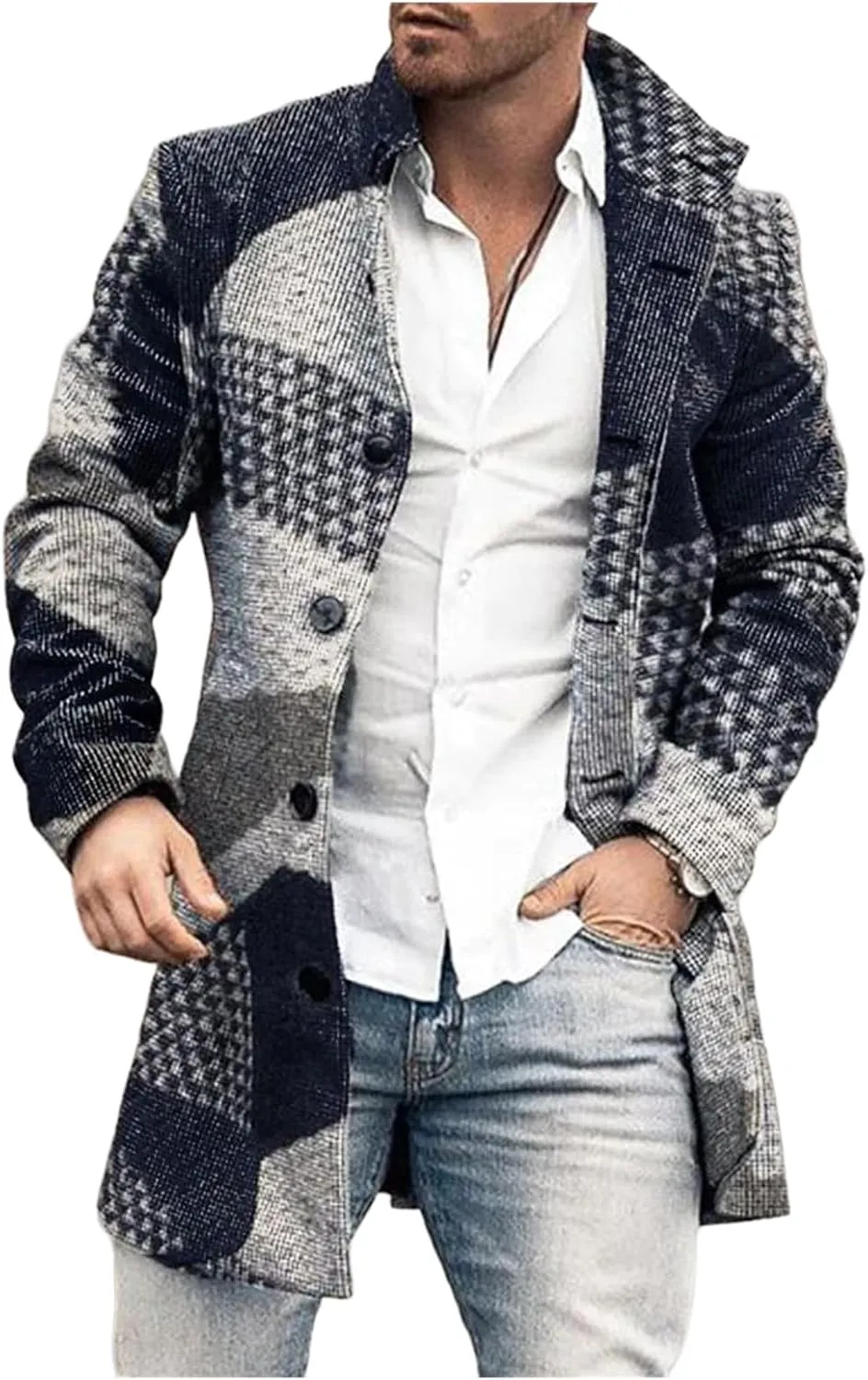 Men Trench Coat Single Breasted Mid-Long Wool Blend Pea Coat Stand Collar Business Blazer Jacket Outerwear Overcoat
