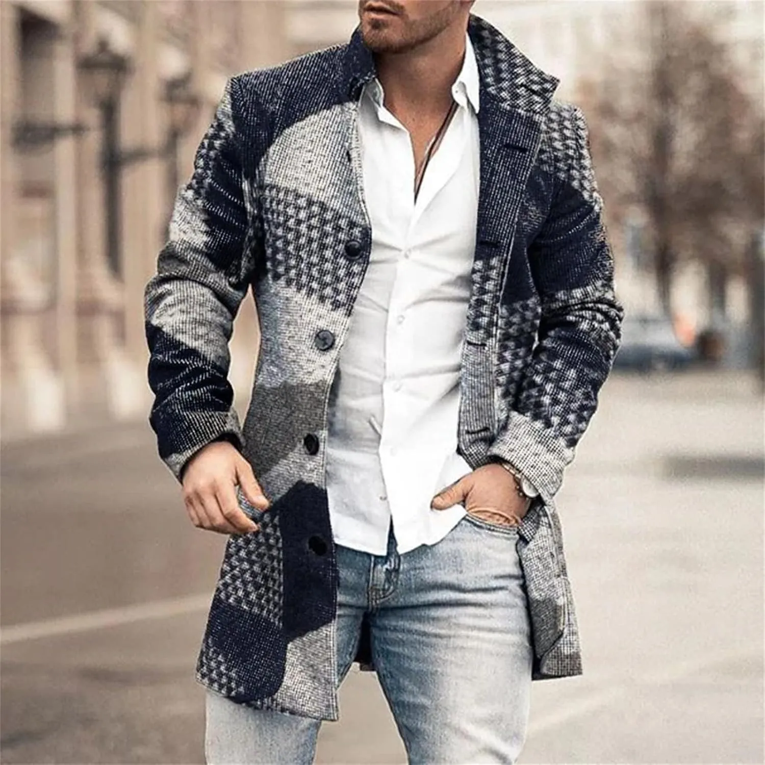 Men Trench Coat Single Breasted Mid-Long Wool Blend Pea Coat Stand Collar Business Blazer Jacket Outerwear Overcoat